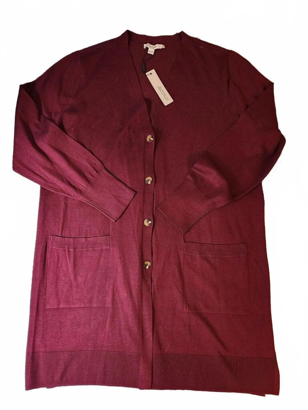 Chico's Women's Burgundy Long Button-Up Cardigan Sweater Size XL